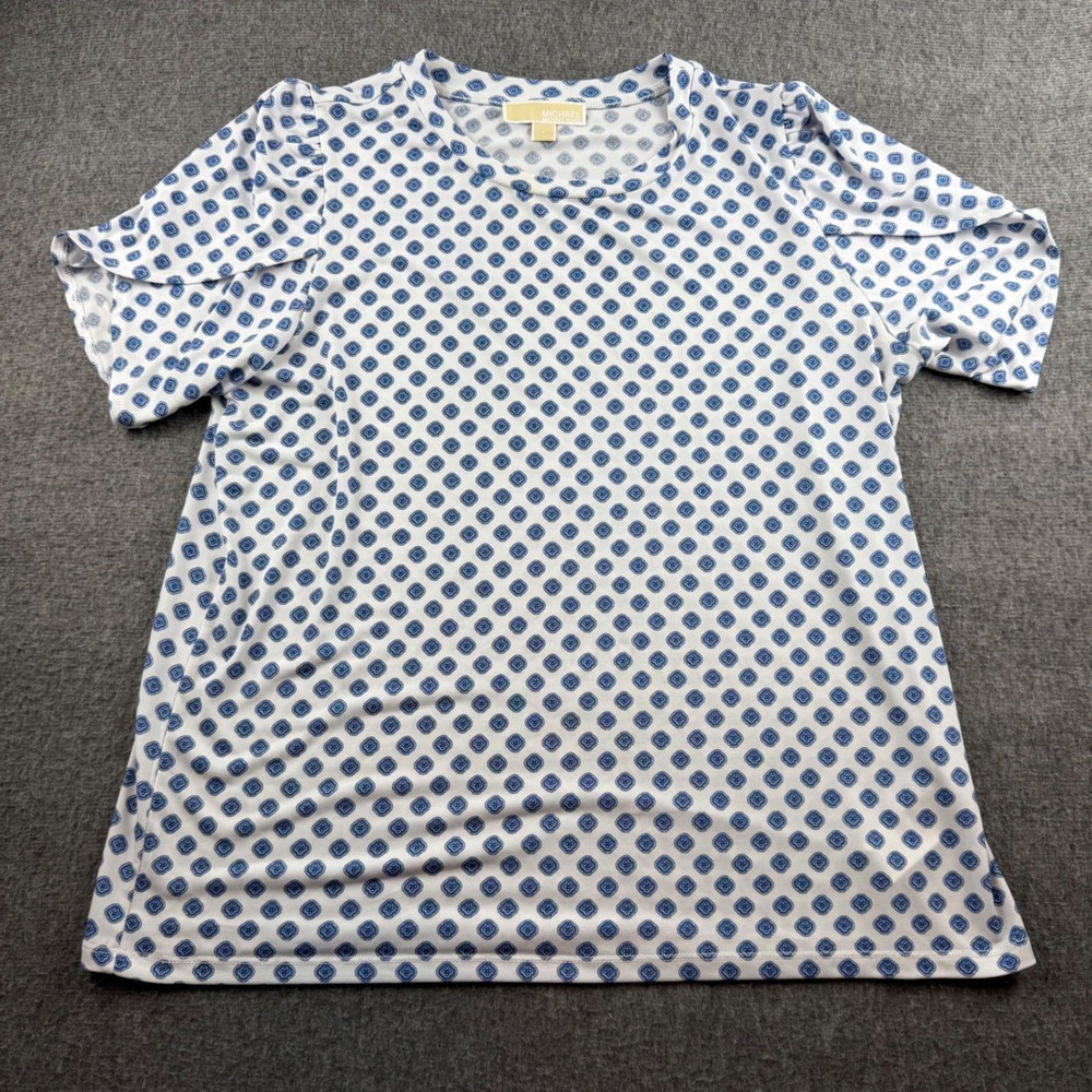 Michael Kors Blouse Womens Large‎ Blue White Geometric Puff Sleeve Stretch Top